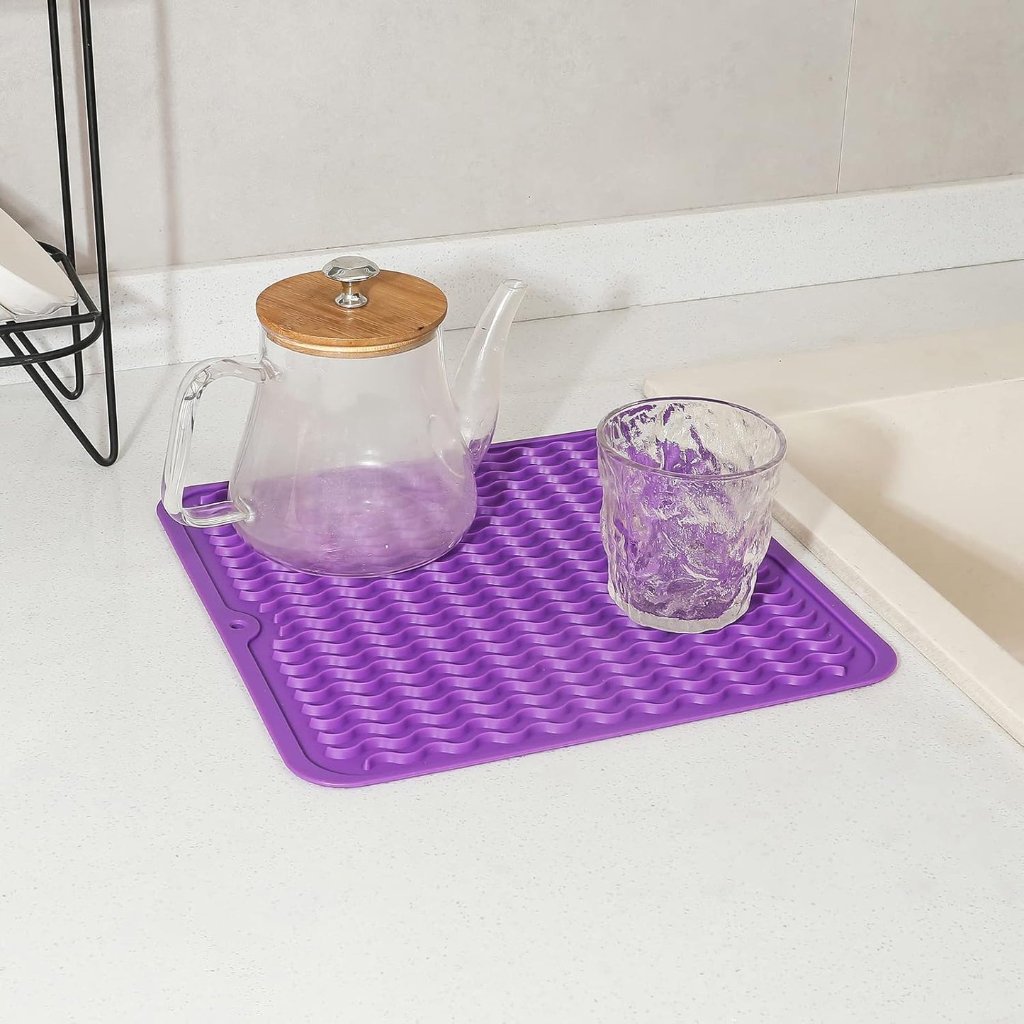 Silicone Dish Drying Mat for Multiple Usage,Easy clean,Eco-friendly,Heat-resistant Silicone Mat for Kitchen Counter or Sink,Refrigerator or Drawer liner Purple M 12 inches x 12 inches