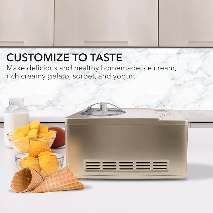 Whynter Ice Cream Maker Machine & Yogurt Automatic 2 Qt. with Built-in Compressor, LCD Digital Display & Timer, No Pre-Freezing, ICM-220CGY, Champagne Gold