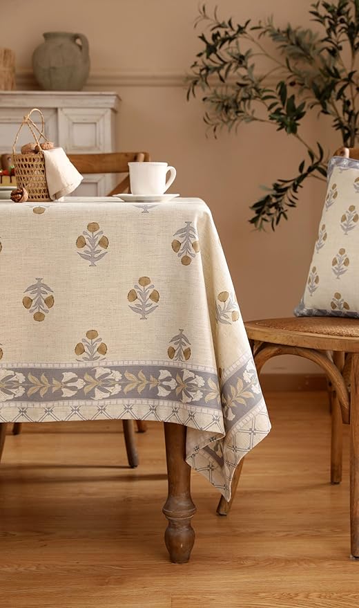 patdrea Designer Beige Tablecloth for Rectangle Tables,Vintage Linen with Yellow Flowers Pattern Tablecloths,Rustic Floral Table Cover Cloth Decor for Kitchen Dining Christmas,63"*110"