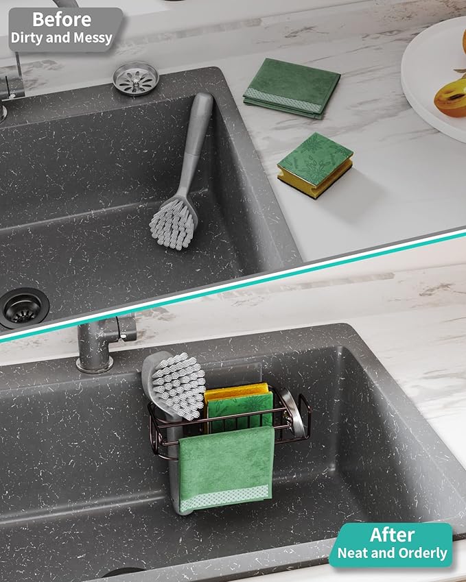 HapiRm 4 in 1 Adhesive Kitchen Sink Organizer, SUS304 Stainless Steel Brush Holder + Dish Cloth Hanger + Soap Rack + Sink Stopper Holder, No Drilling Sponge Caddy for Kitchen - Bronze