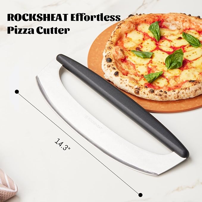 Pizza Cutter Rocker & 12 Inch Rotating Pizza Peel Set - Anodized Aluminum Peel with Wooden Handle, Includes Plastic Blade Guard - Ideal for Pizza Oven Baking & Slicing