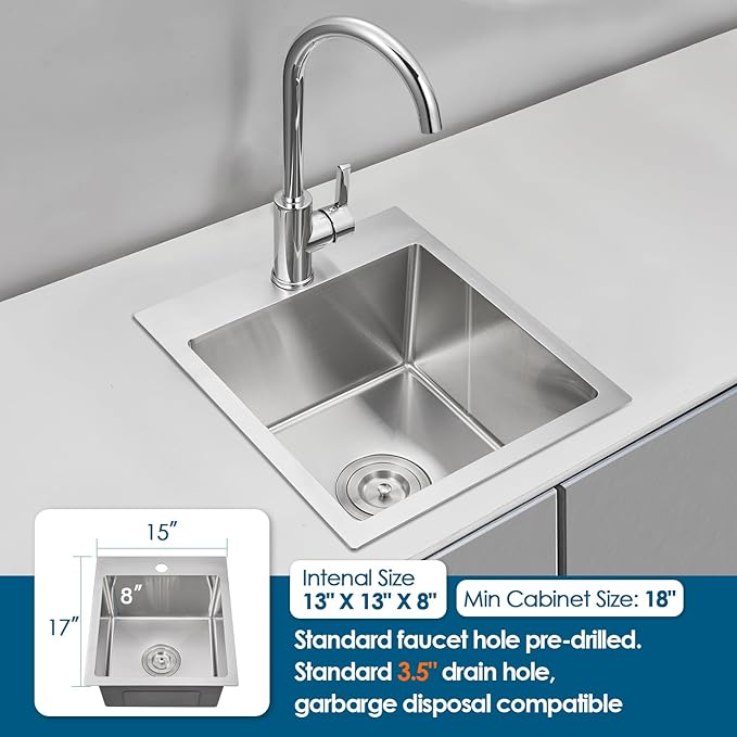 ROVOGO 15x17x8 in. Drop in Bar Prep Sink 304 Stainless Steel, 1-Hole Single Bowl Kitchen Sink with Basket Strainer, Small Secondary Entertainment Wet-Bar Sinks, Brushed