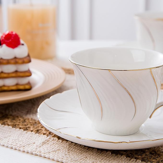 Tea Cups Set Of 6, Tea Cup And Saucer Set,6oz for Tea,Coffee, Latte, Cafe Mocha, Porcelain Tea Party Set (White with gold thread set of 6)
