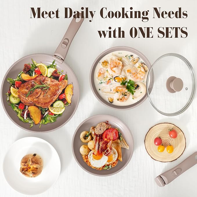 15Pcs Pots and Pans Set Non Stick, Cookware Sets with Detachable Handle, Nonstick RV Kitchen Cooking Tools Removable Handles, Oven Safe, Induction Fast, Stackable Induction Cookware, Brown