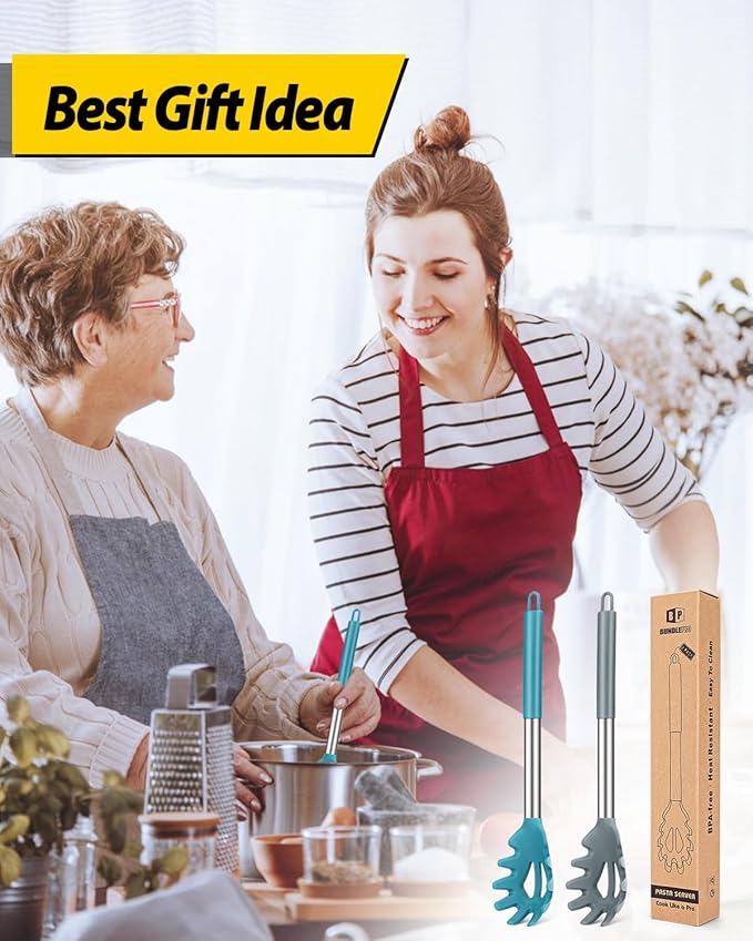 Pack of 2 Silicone Pasta Fork, Kitchen Heat Resistant Noodle Spoon Server, BPA Free Spaghetti Strainer, Best Cooking Tools (GRAY-BLUE)