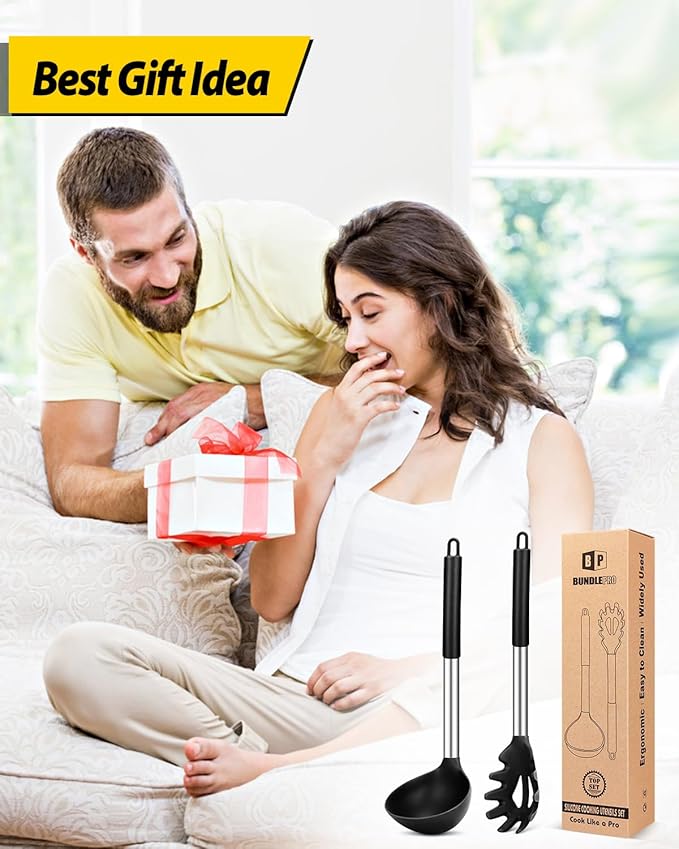 Silicone Pasta Fork and Ladle Spoon Set, Large Non Stick Kitchen Utensils for Cooking,Stirring,Serving Spaghetti, Soup, Sauce (BLACK)