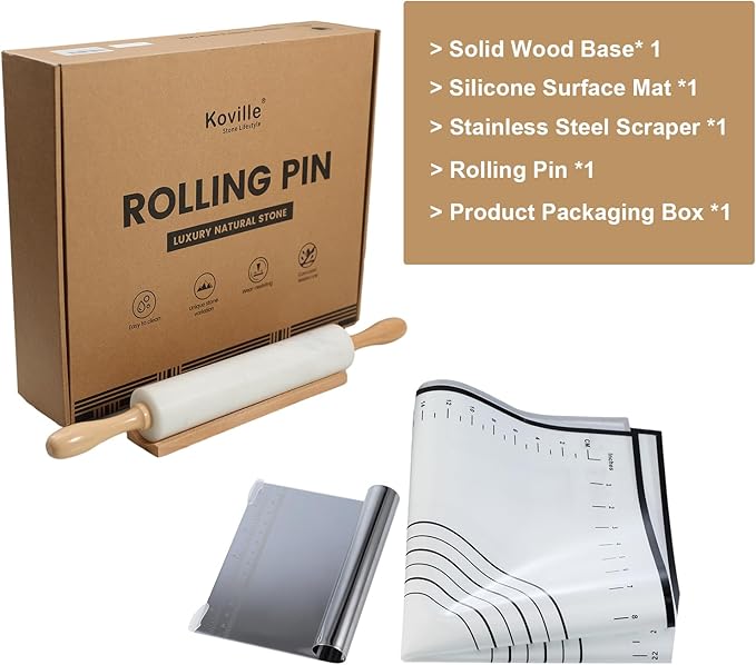 Koville African Natural Marble Rolling Pin, Non-Stick Polished Dough Roller, Pasta, Dumpling, Fondant, Pie Crust, Bread, Pizza Dough, Kitchen Baking Pastry Tools with Mat/Scraper(Namib Fantasy)