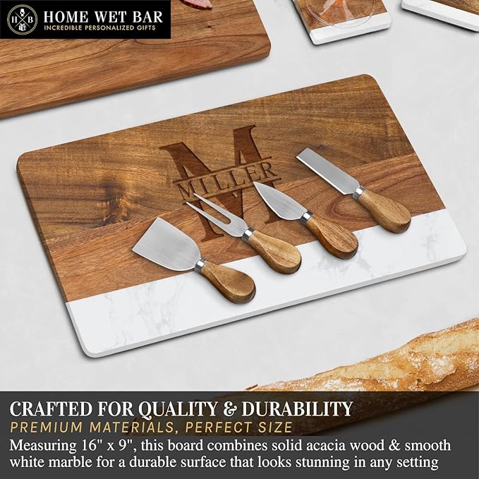 HomeWetBar Personalized Acacia Charcuterie Board | Custom 16" x 9" White Marble & Acacia Wood Cheese Board | Perfect Housewarming + Wedding + Couples Gift Idea