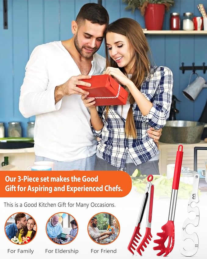 Silicone Spaghetti Spoon & Pasta Tong With Pasta Measurer, 3 Pack of Non-Stick Stainless Steel Handle Pasta Fork Set with Teeth, Food Clip for Easy Serving of Noodles (RED)