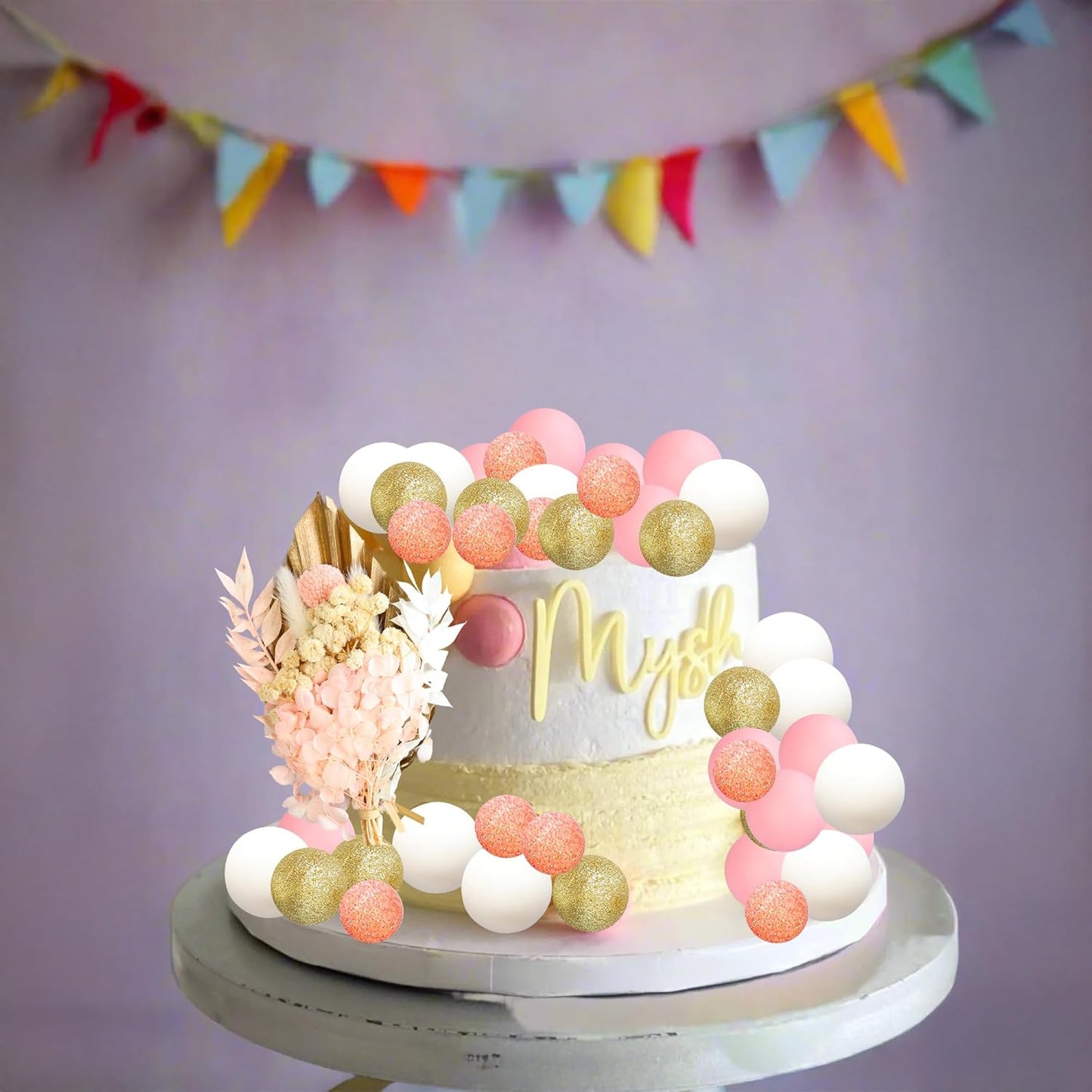 Gyufise 21 Pack Flower Boho Cake Topper Ball Cake Decorations Palm Leaves Plants Cake Decor for Girl Bohemian Princess Theme Wedding Baby Shower Birthday Party Supplies Gold Pink