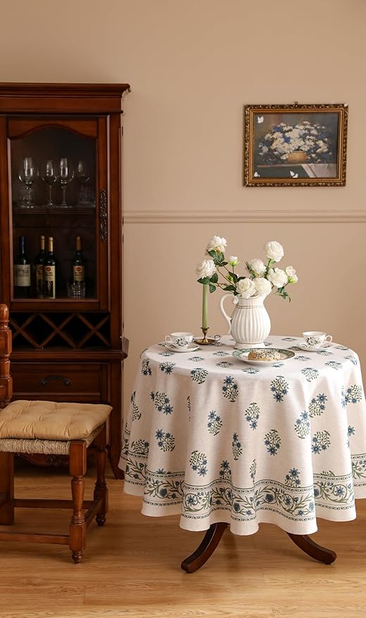Floral Tablecloth for Round Tables,Linen Table Cloth with Blue Flowers and Green Leaves Pattern,Heavy Durable Table Cover for Dining Kitchen Decor Party Christmas,Diameter 67"