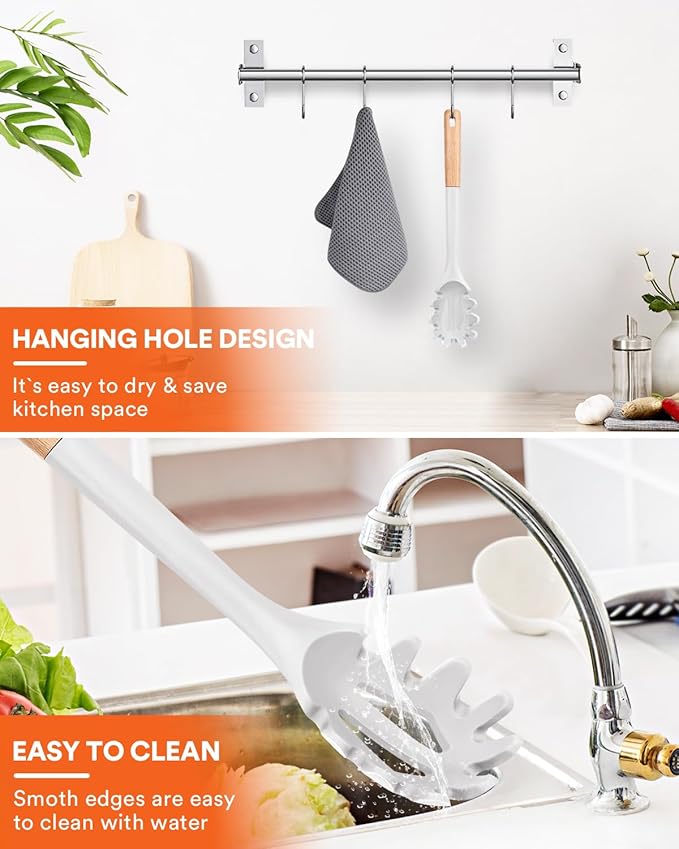 Silicone Pasta Fork, Kitchen Heat Resistant Noodle Spoon Server, BPA Free Spaghetti Strainer,12.8 inch (WHITE)