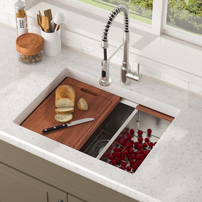 Lordear 25 Inch Undermount Kitchen Sink Workstation 25x19x10 16 Gauge Stainless Steel Single Bowl Round Corner Kitchen Sinks