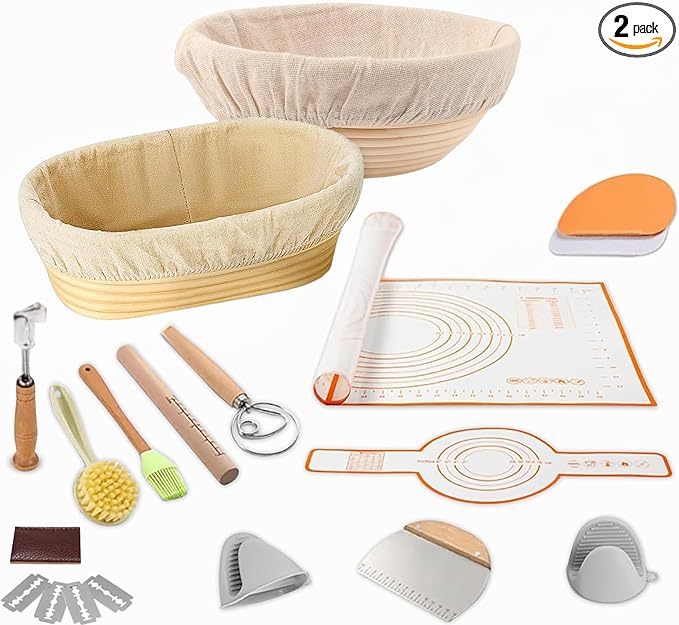 Banneton Bread Proofing Basket Set, Sourdough Baking Supplies, 9" Round & 10" Oval Basket, Complete Kit, Banneton Basket, Sour Dough Kit, Bread Making Tools