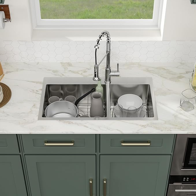 32 Inch Large Double Bowls Drop in Kitchen Sink 60/40 Stainless Steel Sinks 32x18 16 Gauge Topmount Handmade 2 Bowl Kitchen Sinks, 32x18x9