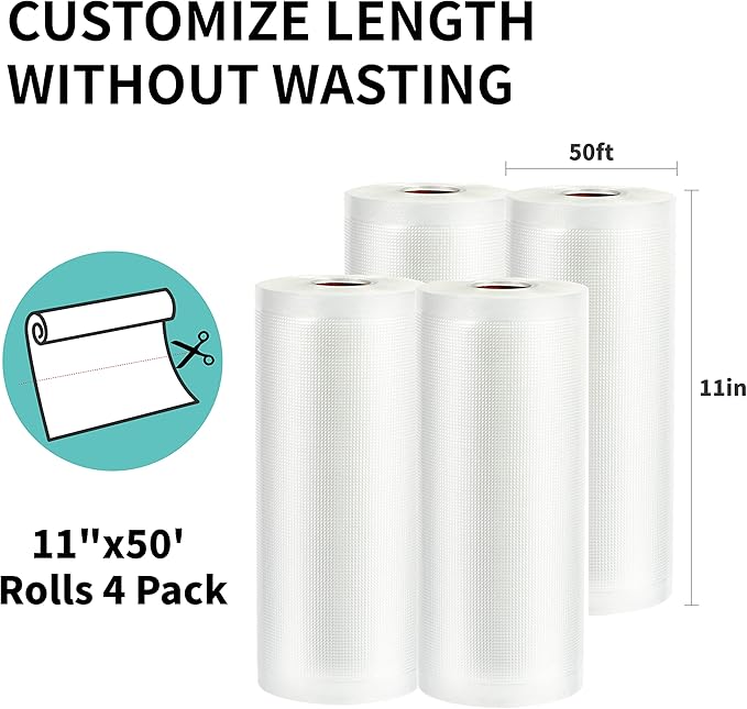 Happy Seal Vacuum Sealer Bags 11" x 50' 4 Pack for Food Saver, Rolls for Custom Fit Airtight Food Storage, Meal Prep or Sous Vide, Commercial Grade Vacuum Seal Freezer Bags