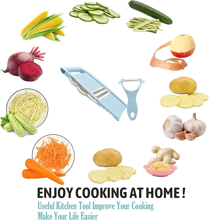 5 in 1 Mandoline Slicer for Kitchen, Vegetable Slicer Multi Blade Potato Chip, Veggie shredder, Vegetable Cutter, Julienne Shredder and peeler For Small Job In Kitchen Blue