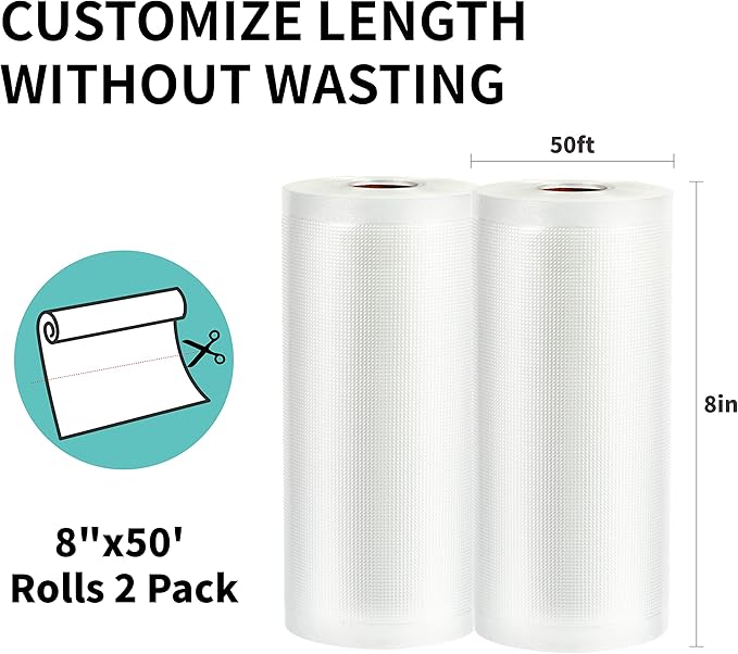 Happy Seal Vacuum Sealer Bags 8" x 50' 2 Pack for Food Saver, Rolls for Custom Fit Airtight Food Storage, Meal Prep or Sous Vide, Commercial Grade Vacuum Seal Freezer Bags