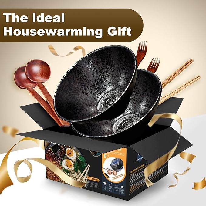 8-Inch Large Ceramic Ramen Bowl Set of 2 (9 Piece) - Microwave & Dishwasher Safe Porcelain Japanese Salad Noodles Cereal Fruit Pasta Soup Bowls with Recipes Chopsticks Forks Spoons for Men Women Gift