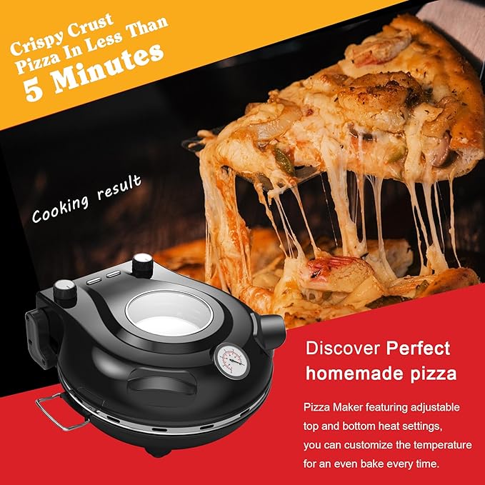 Stone Pizza Oven, 12'' Indoor Electric Pizza Maker, 1200W Countertop Pizza Maker Machine with Dual Temp Control, Crispy Crust Pizzas in Minutes, Black