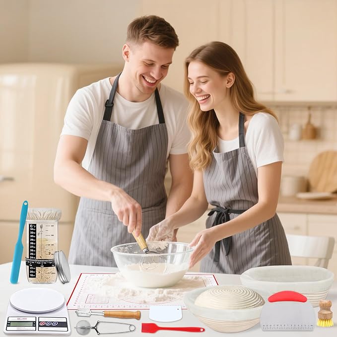 Aliggbent 38Pcs Sourdough Bread Baking Supplies, 10'' Round & Oval Banneton Bread Proofing Baskets with 24 oz Sourdough Starter Jar Kit, Digital Scale, Bags & Bread Making Tools Kit for Artisan Baking