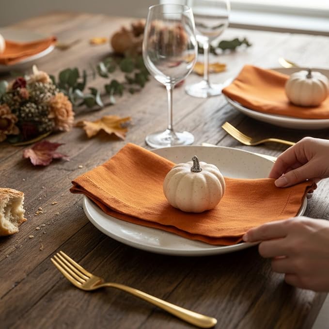 Hemstitched Linen Napkins – 20 Inch x 20 Inch – Stonewashed Pure Linen Cloth Dinner Napkins with Mitered Corners - 100% French Flax – Machine Washable - Set of 4 (Sunset Orange)