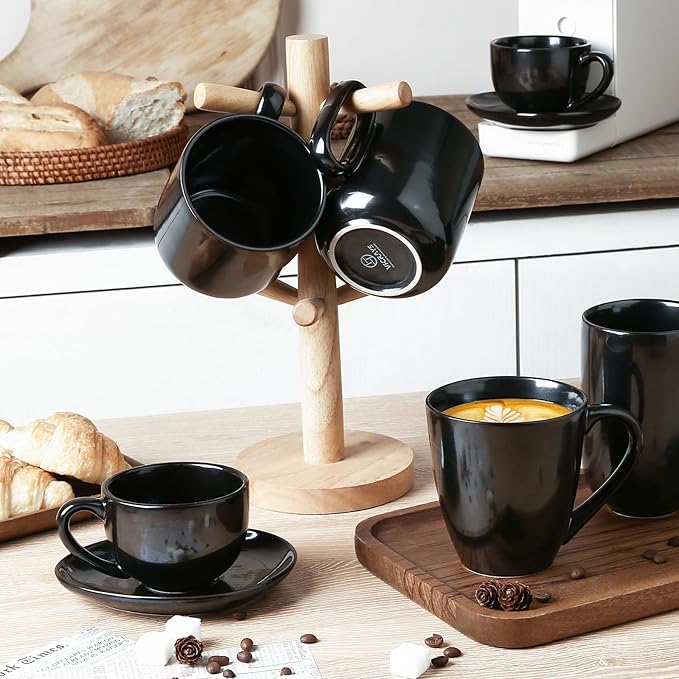 vicrays 6.5 oz Cappuccino Cups with Saucers, Set of 4, Ceramic Coffee Cup for Au Lait, Double shot, Latte, Cafe Mocha, Tea (Black)