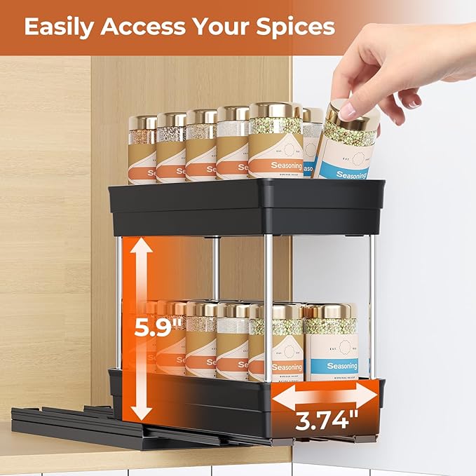 Pull Out Spice Rack Organizer for Cabinet, Slide Out Spice Racks Organizer, Easy to Install Spice Cabinet Organizers, 4.3''Wx10.6''Dx8.7''H, 2 Pack-2 Tier(Black)
