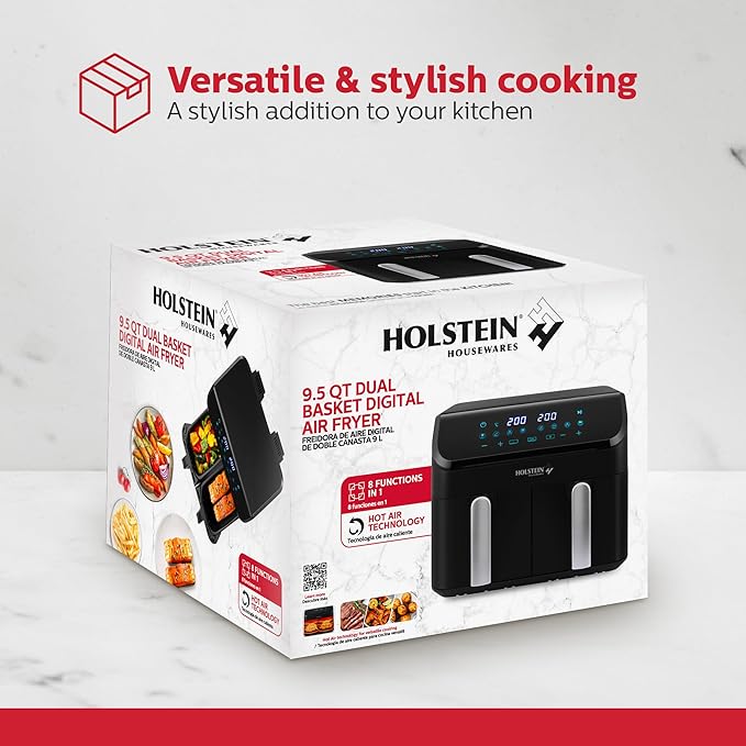 Holstein Housewares 9.5 QT Dual Basket Digital Air Fryer, Independent Controls - Non-Stick, Healthy Cooking with Less Oil, 8 Presets, Fry, Roast, Bake & Grill, LED Display & Dishwasher-Safe Parts