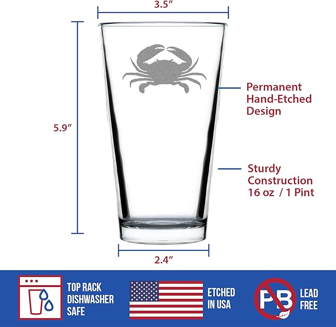 Custom Crab Pint Glass for Beer - Beach Themed Decor and Gifts for Ocean Lovers - Engraved Silhouette - 16 Oz Glasses