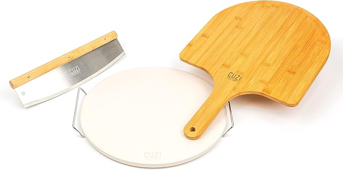 Cuzi Gourmet 4-Piece Large Pizza Stone Set - 13" Thermal Shock Resistant Cordierite Pizza Stone with Handle Rack, 19" Natural Bamboo Pizza Peel & Pizza Cutter - Large Baking Stone for Grill and Oven