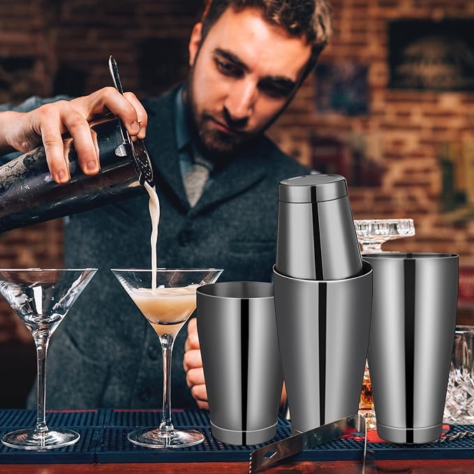 Lallisa 10 Pieces Cocktail Shakers Professional Bar Boston Shaker Set Stainless Steel Martini Shaker Drink Mixer Basic Tools Weighted Shake Metal Can for Bartenders, 18 Oz, 28 oz(Black)