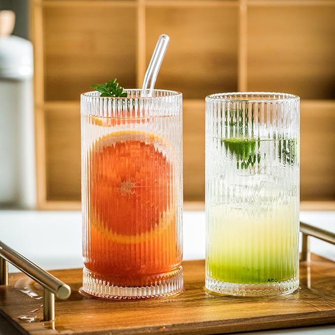 KEMORELA Ribbed Glassware Set of, Origami Style 16 Oz XL Drinking Glasses with Straws, Vintage Glassware Set - Glass Cups, Iced Coffee Cups Perfect for Cocktails, Smoothies, Juice, Beer (6Pcs)