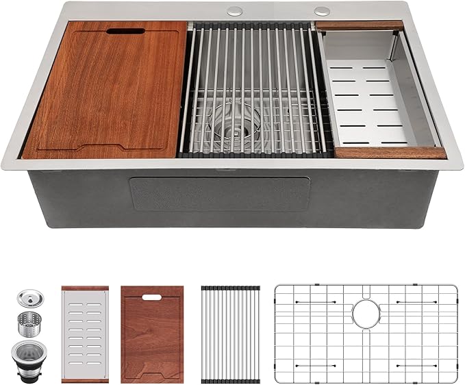 Lordear 33 Inch Drop In Kitchen Sink Workstation All In One SUS304 16 Gauge Stainless Steel 33x22 Drop In Sinks Single Bowl Handmade Above the Counter