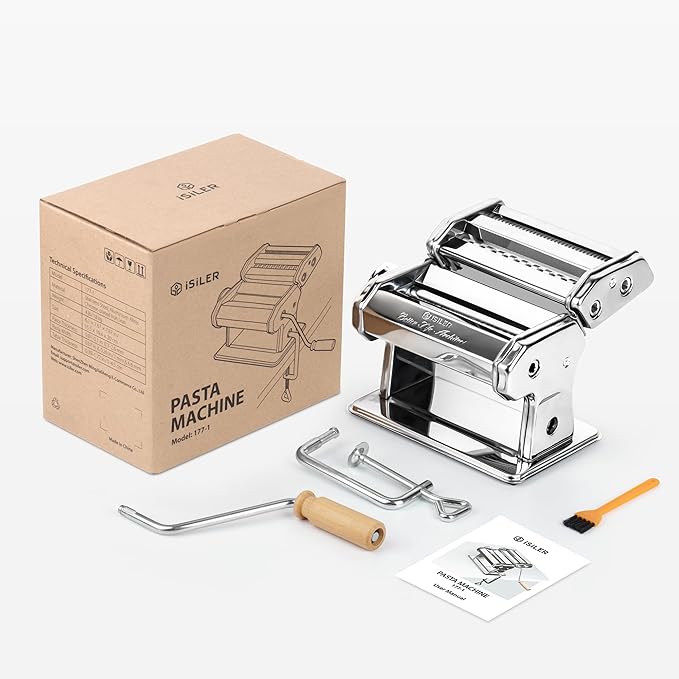 ISILER Pasta Maker, 9 Adjustable Thickness Settings 2 in 1 Pasta Machine with Rollers and Cutter, Noodle Maker for Dumpling Skin, Spaghetti, Fettuccini, Lasagna