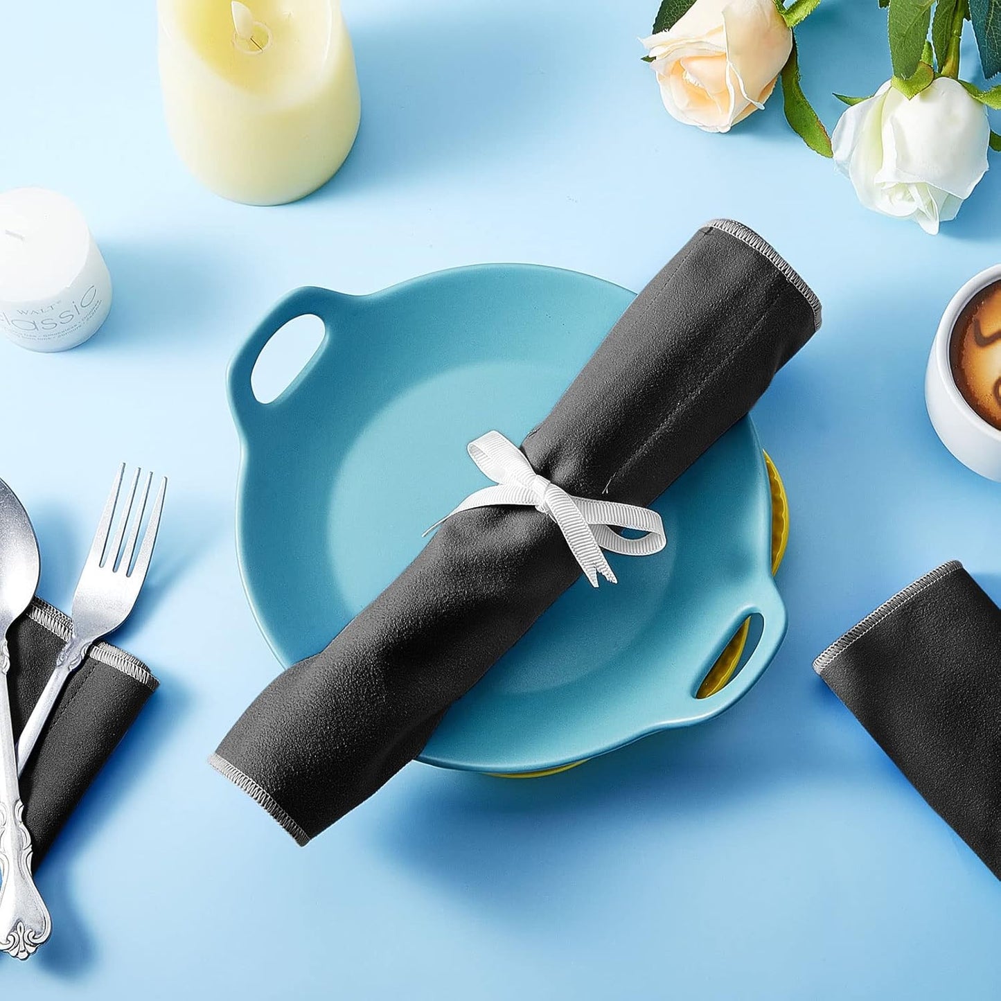 Hillban 18 Pcs Anti Tarnish Silver Storage Bags Silver Storage Cloth Felt Flatware Organizer Anti Tarnish Protector Bags Place Setting Roll with White Ribbon for Kitchen Cutlery Utensils (Black)