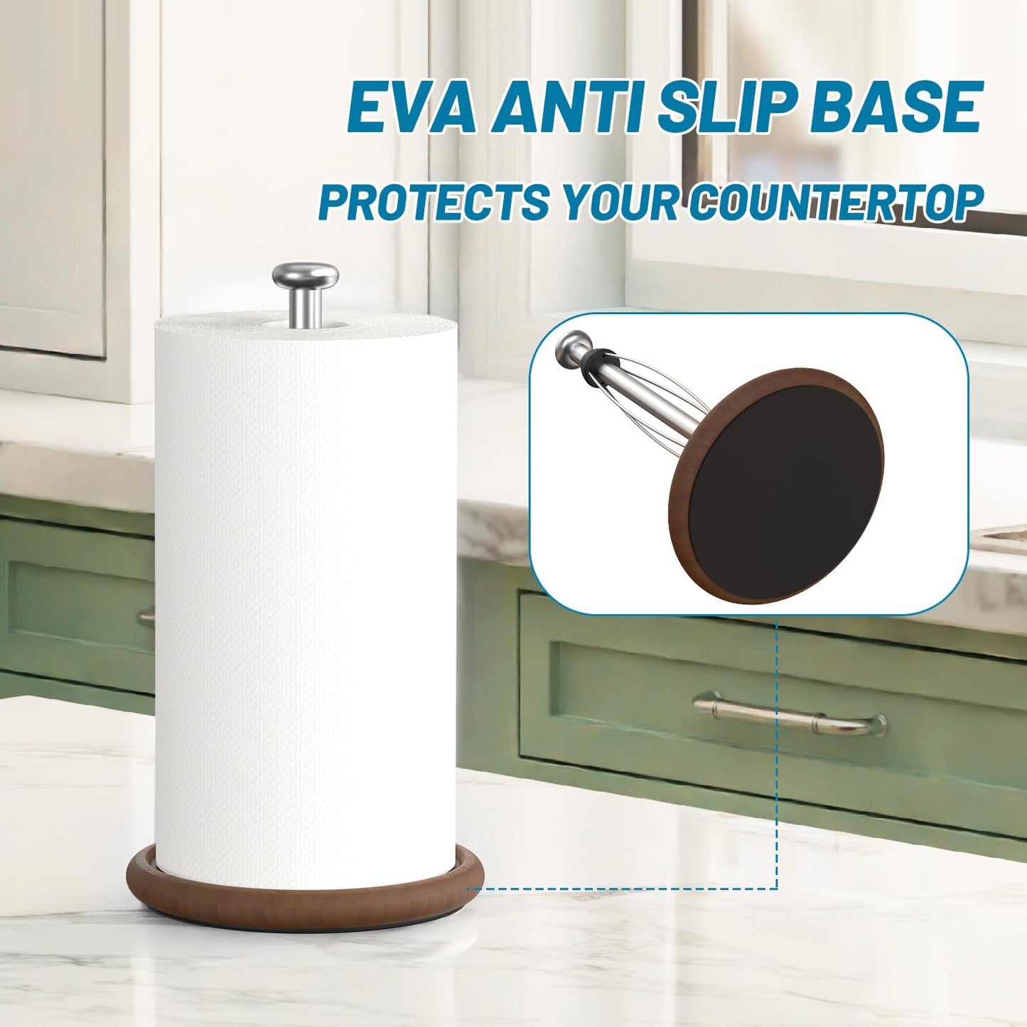 VEHHE Wooden Paper Towel Holder Countertop with Weighted Base, One-Handed Tear Paper Towel Holder Stand with Damping Function and EVA Non-Slip Pad, for Kitchen Bathroom Farmhouse