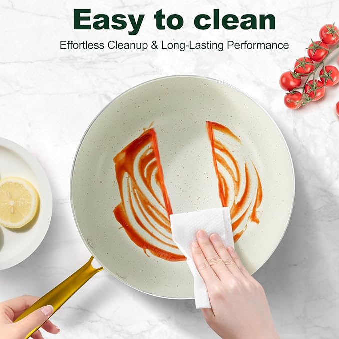 Pots and Pans Set Non Stick, 7 Piece White Granite Induction Cookware Set, Nonstick Kitchen Cooking Set with Gold Handle and Utensil, Oven Safe (PFOS, PFOA Free)