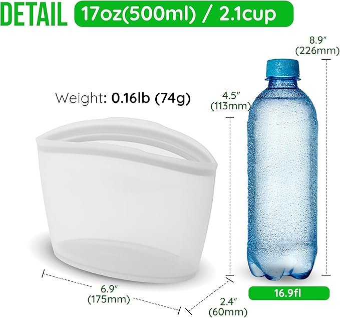 Reusable Silicone Food Storage Bags 2.1Cup (17oz), Airtight food Storage Containers Food Grade Silicone Snack Bags, BPA Free Food Storage Container, Microwave Safe, Sous Vide Container, White