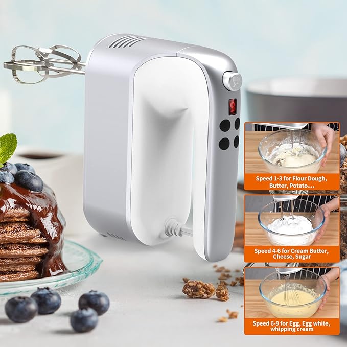 9-Speed Digital Hand Mixer Electric, 400W Powerful DC Motor, Baking Mixer Handheld with Snap-On Storage Case, 5 Stainless Steel Accessories, Flat Beaters, Dough Hooks, Whisk (Silvery & White)