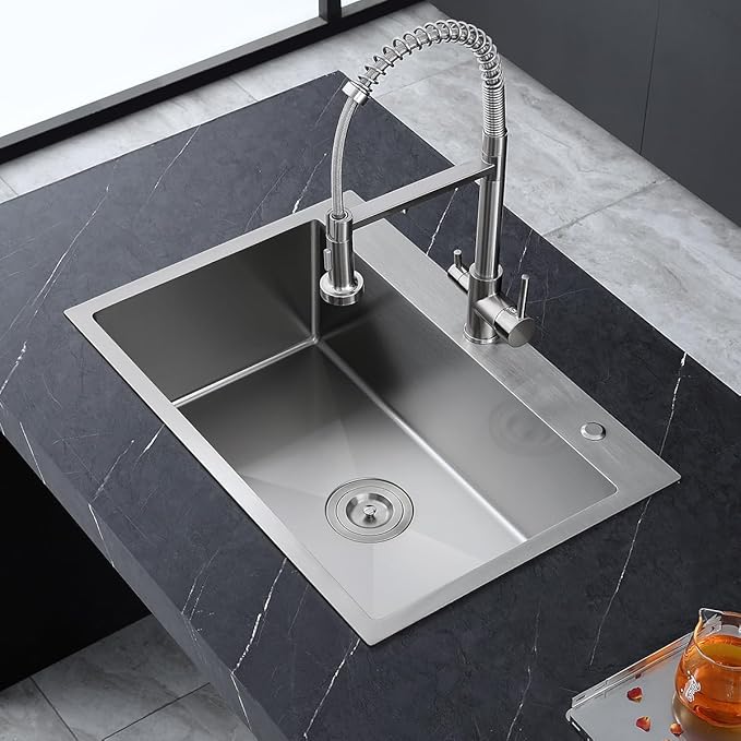 27 Inch Drop in Kitchen Sink with 2 Holes, 18 Gauge 304 Stainless Steel Topmount Single Bowl Handmade Kitchen Sink Brushed Nickel, D27" x W18" x H9"