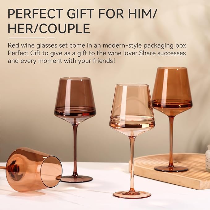 Brown Wine Glasses Set of 6-18oz【Hand Blown】 Crystal Amber Stemmed Venus Wine Glasses-Brown Wine Glass set for Fall Autumn Winter Wine Dinner