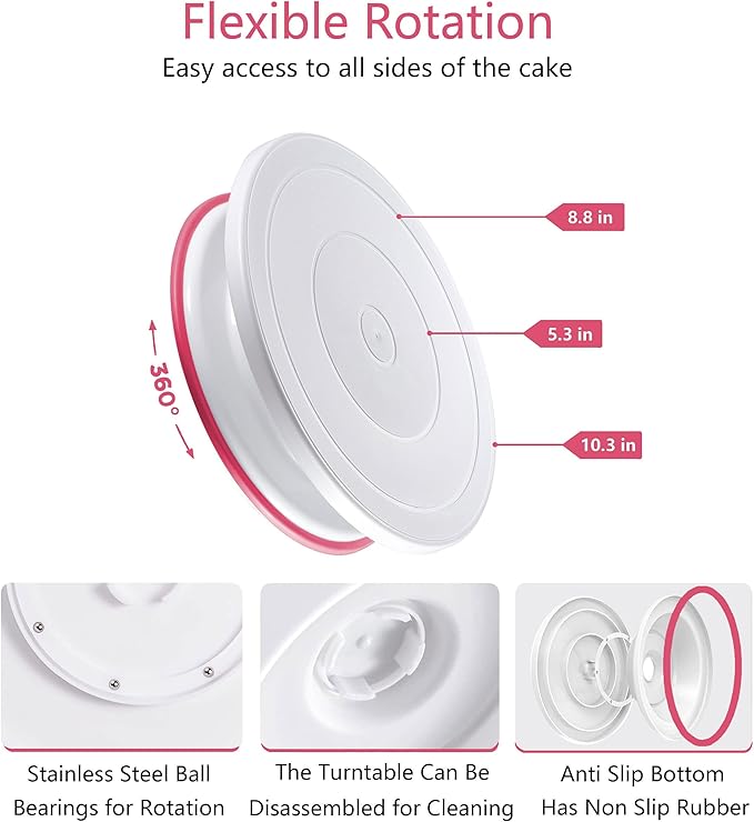 Cake Decorating Kit,137pcs Cake Decorating Supplies with Cake Turntable for Decorating,Pastry Piping Bag,Russian Piping Tips Baking Tools, Cake Baking Supplies for Beginners(Pink)