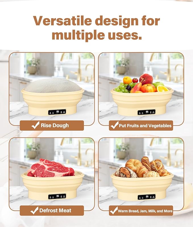 HK Heating Sourdough Banneton Bread Proofing Basket Kit with Timer & 6 Temp Settings, 2L Foldable Silicone Dough Proofing Box Electric Sourdough Starter Warmer Set for Dough Rising, Starter Baking Kit