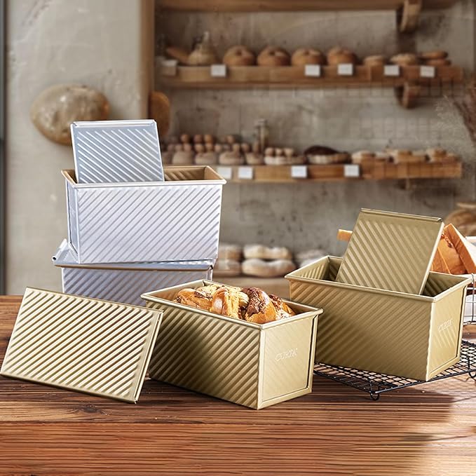 CURTA Commercial Pullman Loaf Pan with Lid 1 lb Dough Capacity Non-Stick Bakeware for Baking Bread, Corrugated Bread Toast Mold with Bread loaf pan, Champagne Gold 2pcs