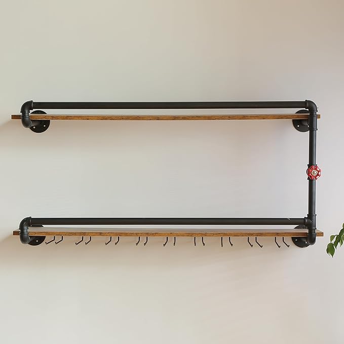 41 Inch Wine Rack Wall Mounted 2 Tier, Hanging Floating Bar Liquor Shelves with Glass Holder Storage Under, Industrial Rustic Pipe Farmhouse Kitchen Decor Black