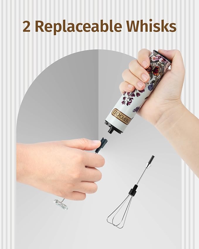Milk Frother Rechargeable with Cover - Coffee Frother Wand, Drink Mixer Handheld with 2 Detachable Stainless Whisks 2 Speed Adjustable for Latte, Cappuccino, Hot Chocolate, Egg, White Floral