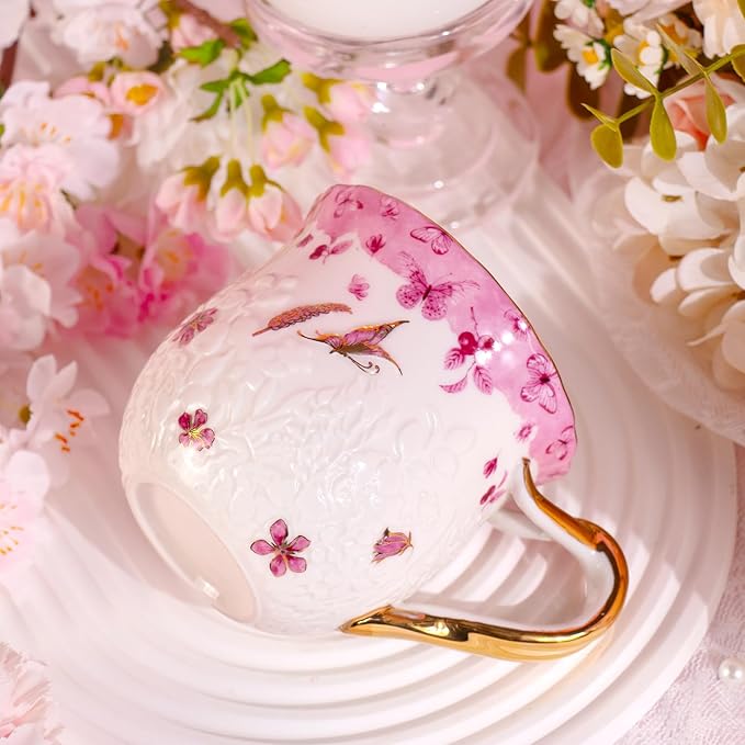 KAMMAK Coffee Mugs Ceramic Espresso Cups 16oz Porcelain Tea Cups Set of 2 Large Cappuccino Mugs with Handle Demitasse Mug for Hot Cocoa, Latte, Breakfast Cereal, Americano (Butterfly)