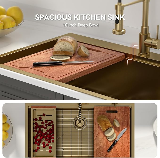 Lordear 36 Inch Gold Kitchen Sink Drop In Workstation Brushed Gold Stainless Steel 16 Gauge Single Bowl Handmade Topmount Kitchen Sink with Cutting Board