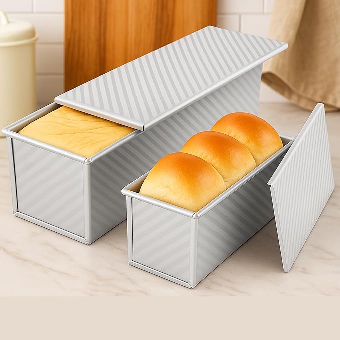 2-Pack Pullman Loaf Pan with Lid –Includes Two Size 13 * 5" & 8.4 * 4.8" Loaf Pan, Silver Textured Finish, Vented Bottom, Nonstick Bread Pan Set, Ideal for Sandwich Bread, Toast, Sourdough